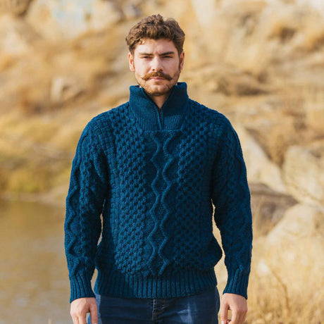 Men's Shawl Collar Fisherman Sweater, Ocean Blue - Creative Irish Gifts