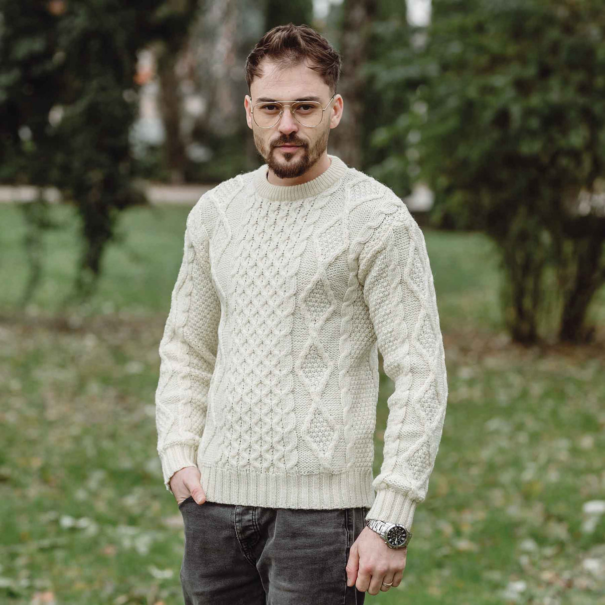 Men's Fisherman Cable Knit Sweater, Natural - Creative Irish Gifts