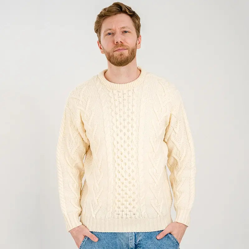 CG706 Men's Merino Aran Sweater Natural Studio View Creative Irish Gifts
