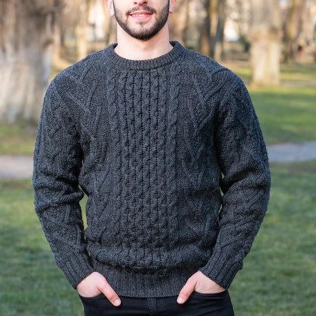 CG707 Men's Merino Aran Sweater Charcoal Lifestyle View  Creative Irish Gifts