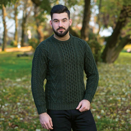Men's Merino Aran Sweater, Army Green - Creative Irish Gifts