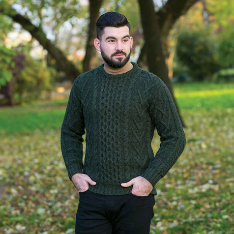 Men's Merino Aran Sweater, Army Green - Creative Irish Gifts