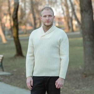 CG709-Men's Shawl Collar Fisherman Sweater, Natural Lifestyle View Creative Irish Gifts