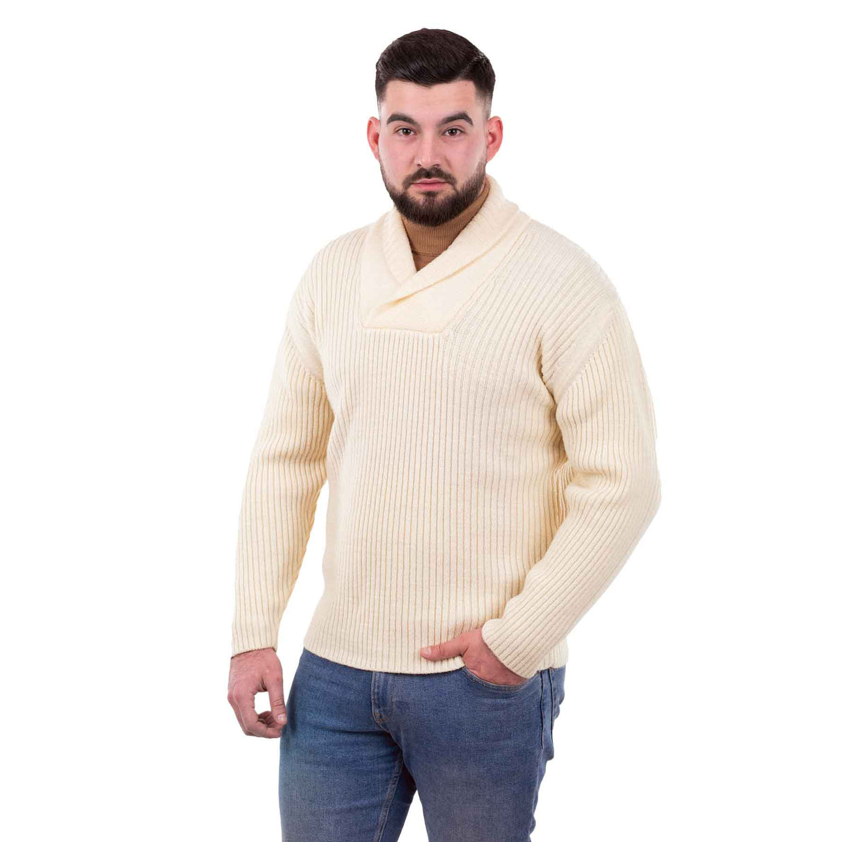 Men's Shawl Collar Fisherman Sweater, Natural - Creative Irish Gifts