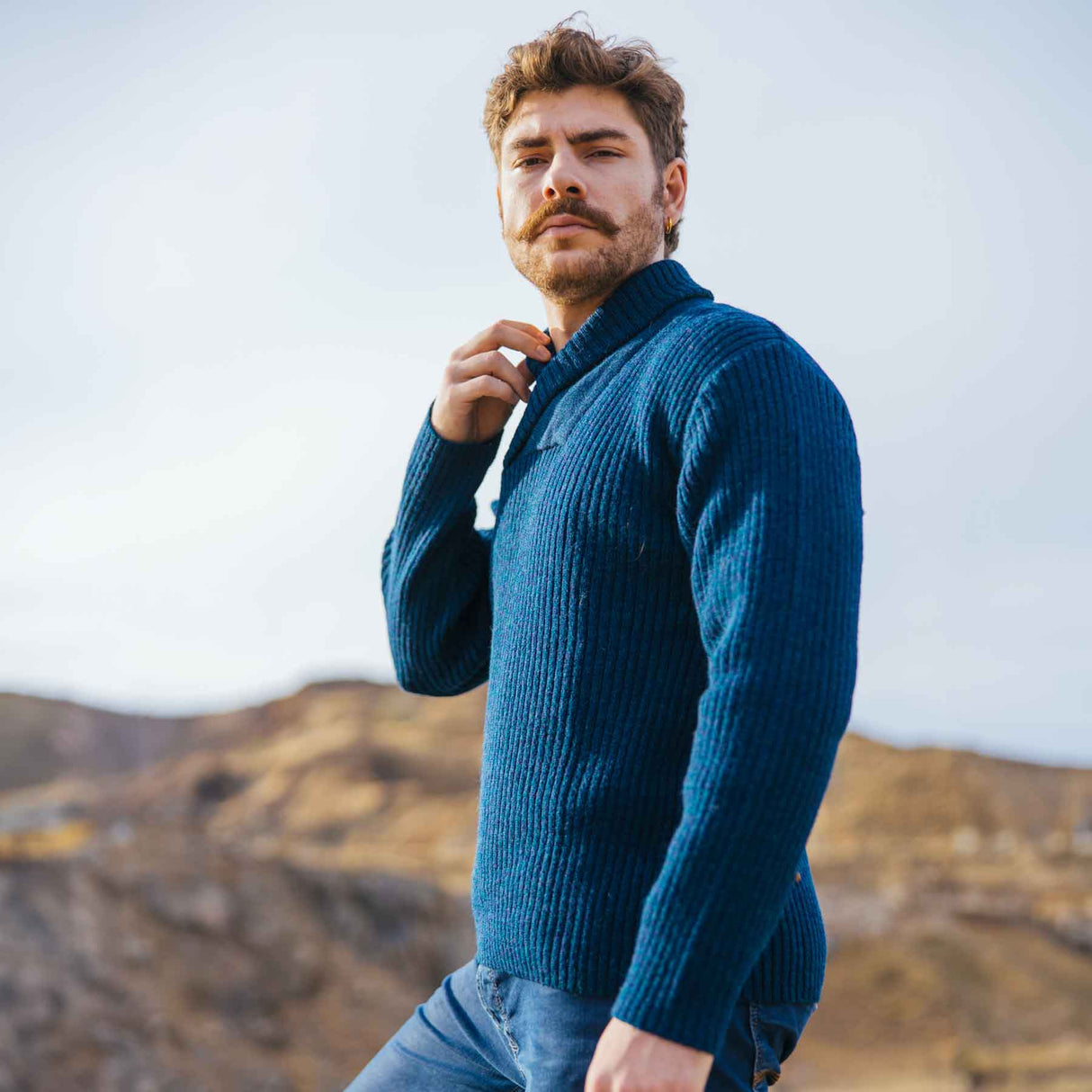 Men's Shawl Collar Fisherman Sweater, Ocean Blue - Creative Irish Gifts