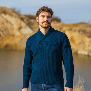 Men's Shawl Collar Fisherman Sweater, Ocean Blue - Creative Irish Gifts