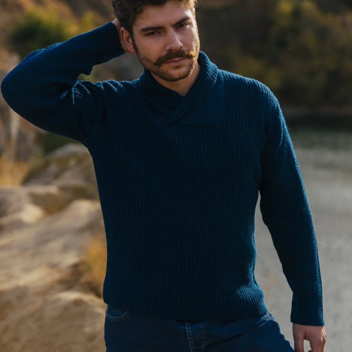 CG710 Men's Shawl Collar Fisherman Sweater Ocean Blue Creative Irish Gifts