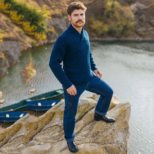 CG710 Men's Shawl Collar Fisherman Sweater Ocean Blue Lifestyle Creative Irish Gifts
