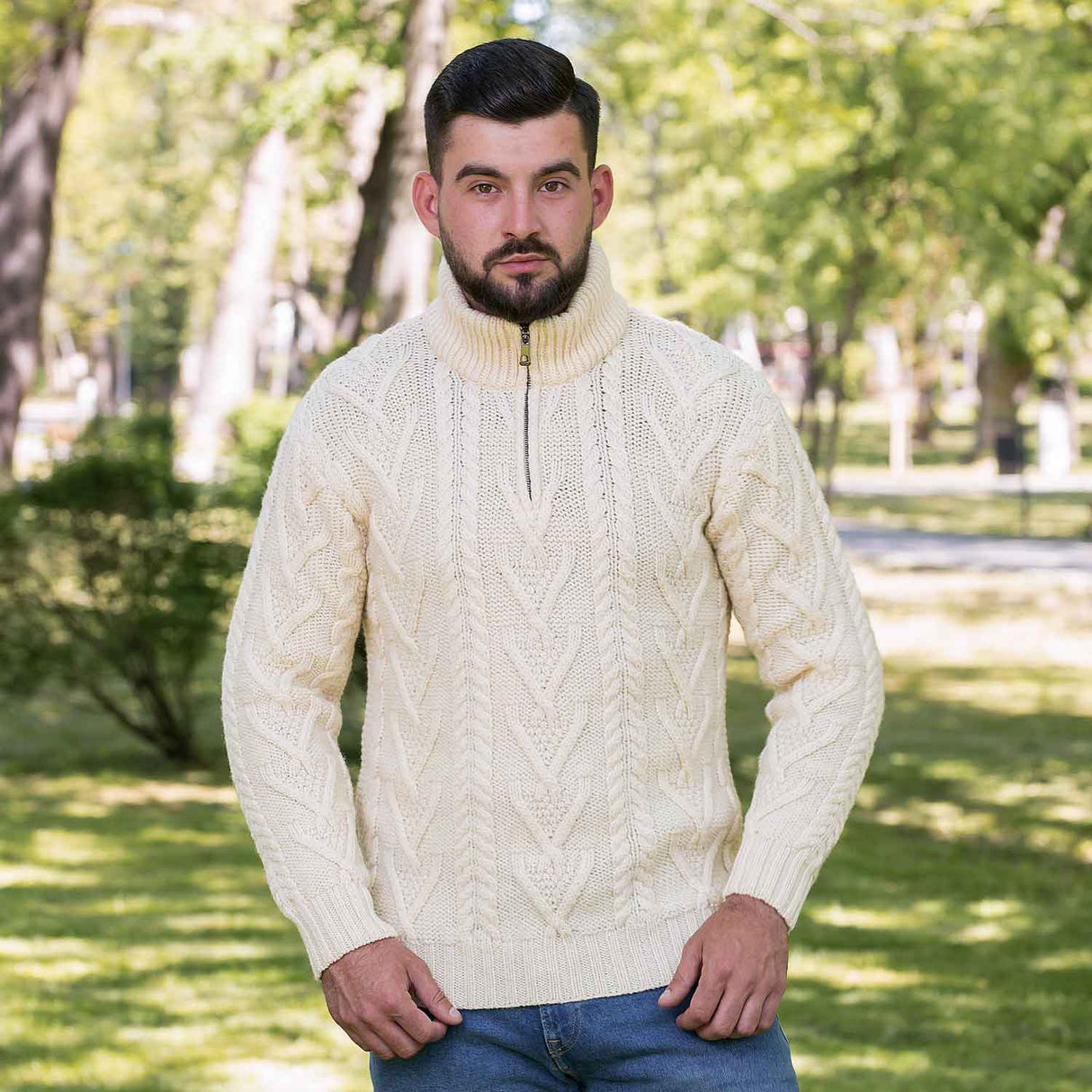 Men's Zip Neck Fisherman Sweater, Natural - Creative Irish Gifts