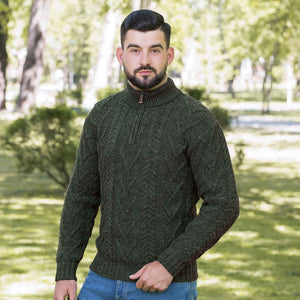 Men's Zip Neck Fisherman Sweater, Army Green - Creative Irish Gifts