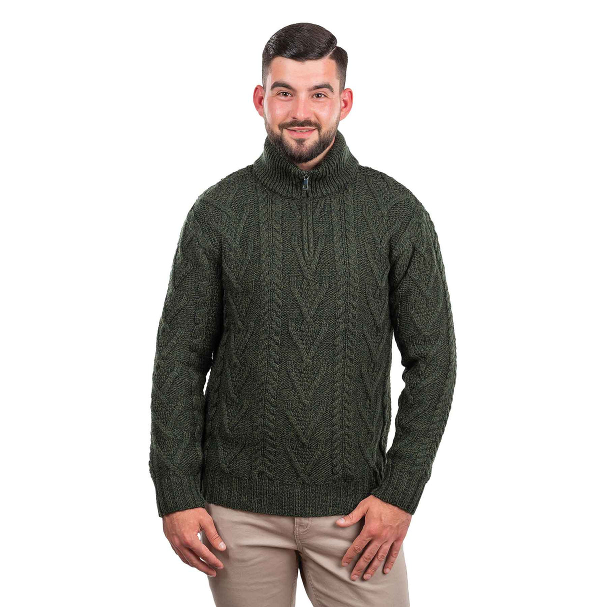Men's Zip Neck Fisherman Sweater, Army Green - Creative Irish Gifts