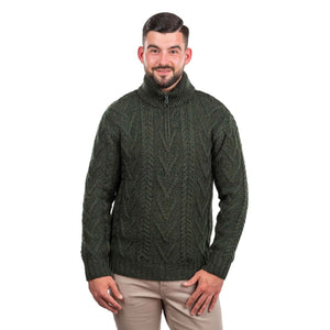 Men's Zip Neck Fisherman Sweater, Army Green - Creative Irish Gifts