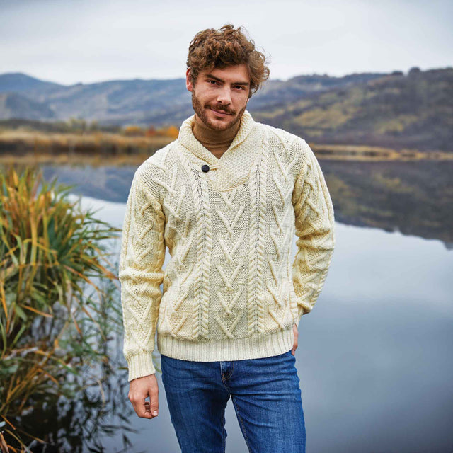 Men’s Irish Shawl Collar Single Button Sweater- Natural - Creative Irish Gifts