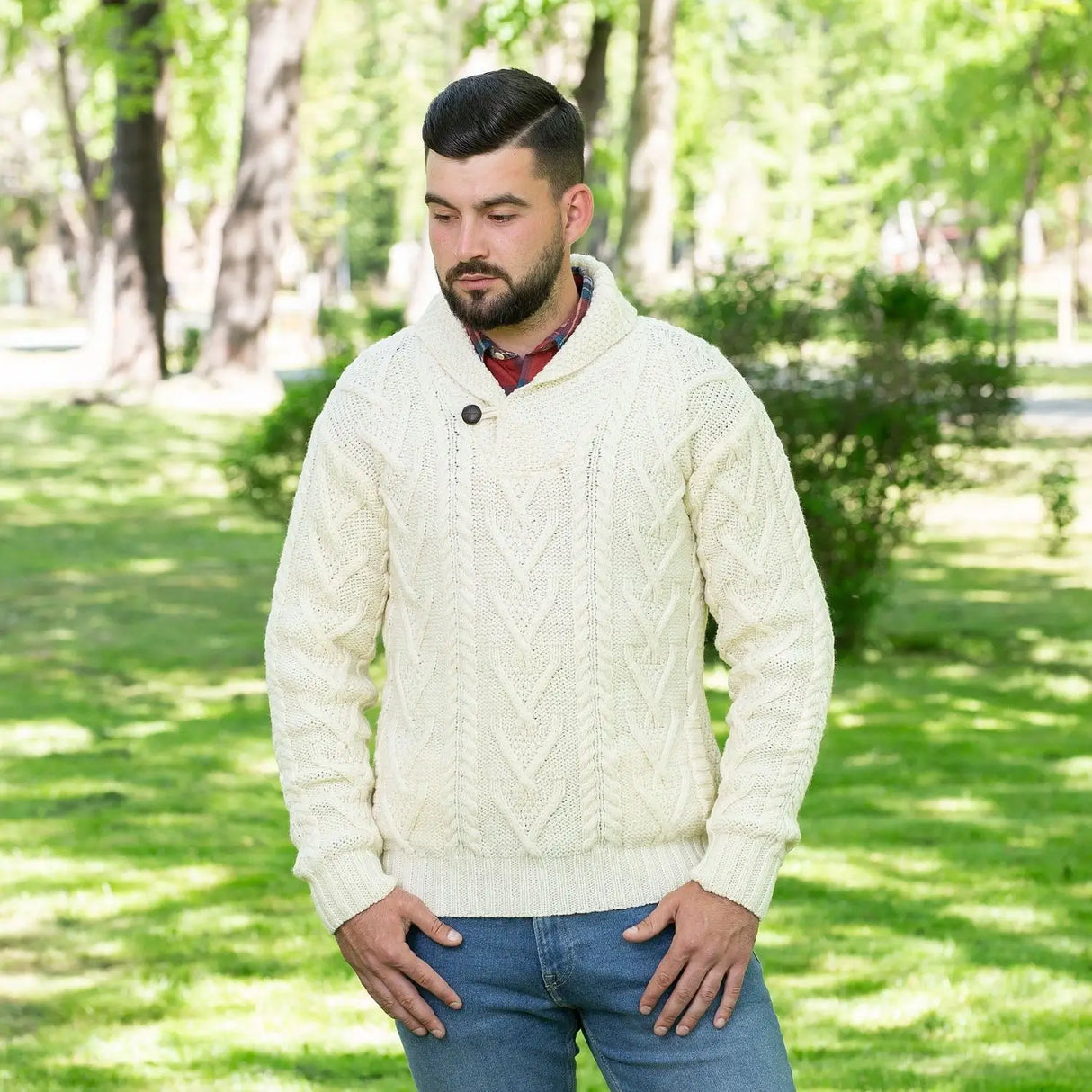 CG714 Men’s Irish Shawl Collar Single Button Sweater Natural Creative Irish Gifts