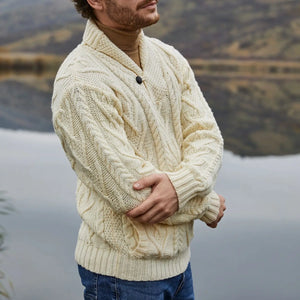 CG714 Men’s Irish Shawl Collar Single Button Sweater Natural Side Creative Irish Gifts
