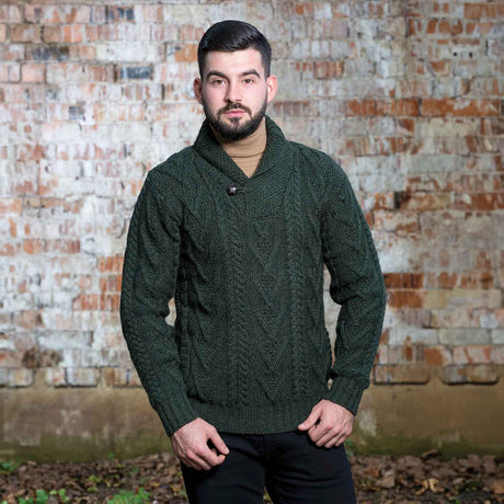 Men's Irish Shawl Collar Single Button Sweater- Army Green - Creative Irish Gifts