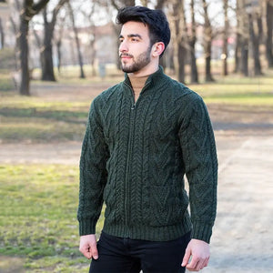 CG715 Men's Irish Shawl Collar Single Button Sweater Army Green Front View Creative Irish Gifts