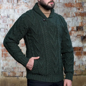 CG715 Men's Irish Shawl Collar Single Button Sweater Army Green Side Creative Irish Gifts
