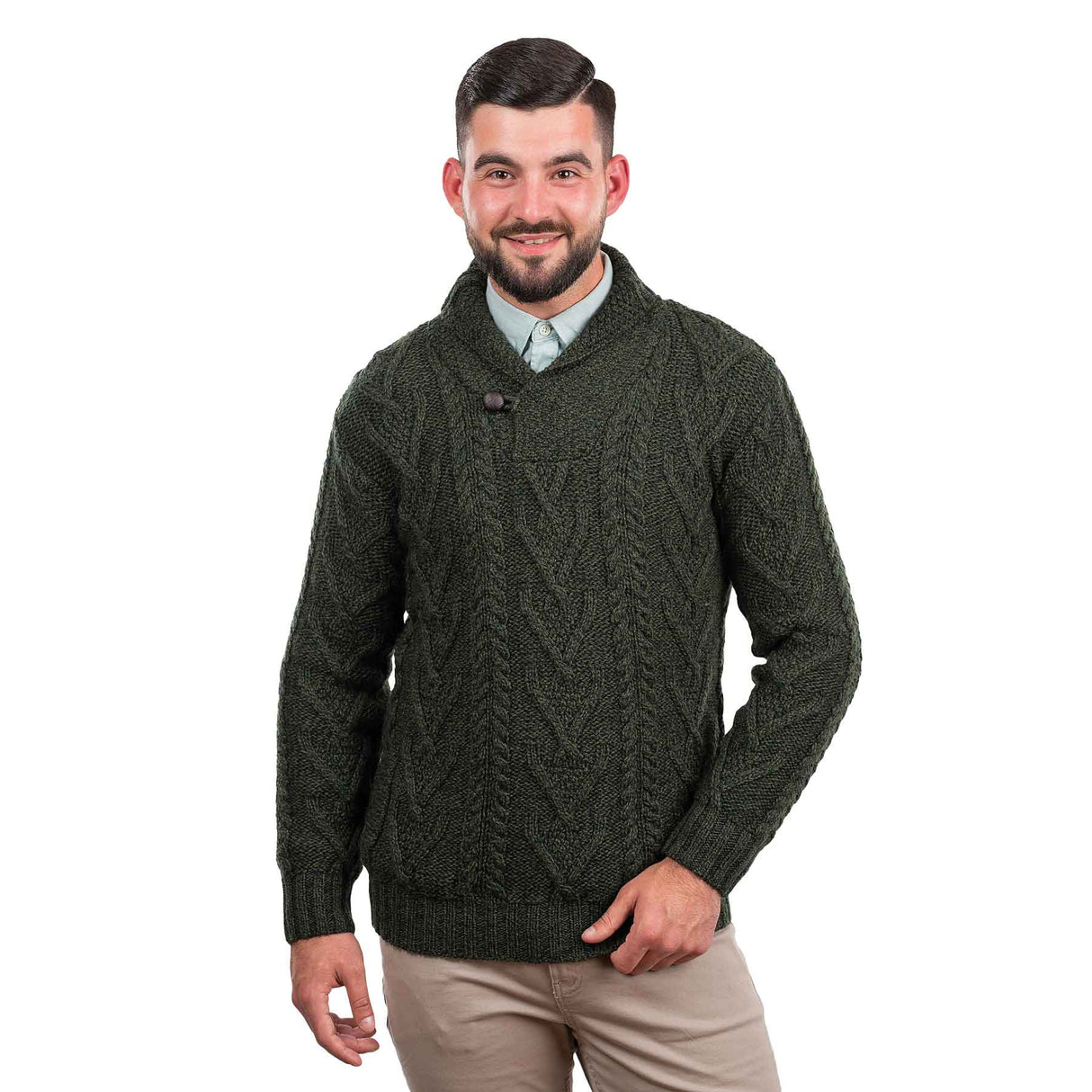 Men's Irish Shawl Collar Single Button Sweater- Army Green - Creative Irish Gifts