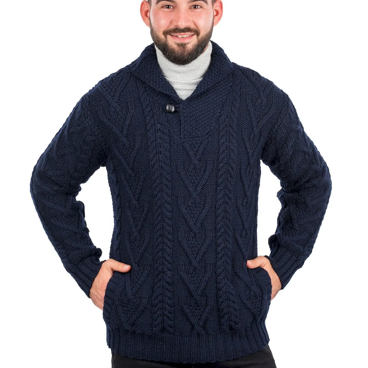 CG716 Men’s Irish Shawl Collar Single Button Sweater Navy Front Creative Irish Gifts