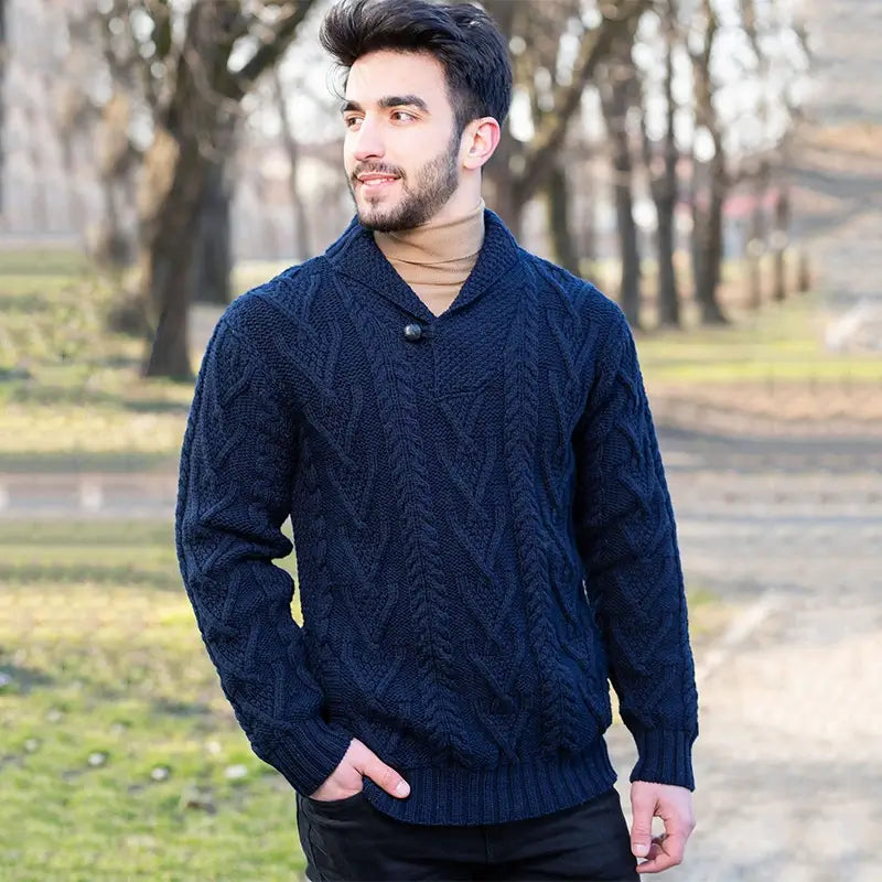 CG716 Men’s Irish Shawl Collar Single Button Sweater Navy Creative Irish Gifts