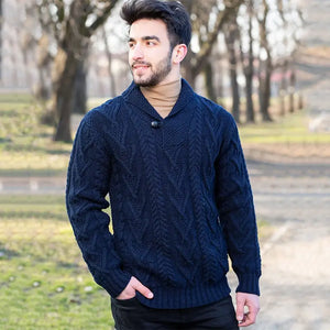 CG716 Men’s Irish Shawl Collar Single Button Sweater Navy Creative Irish Gifts