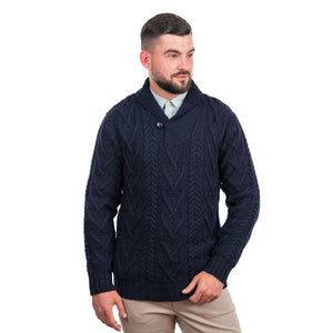 Men’s Irish Shawl Collar Single Button Sweater- Navy - Creative Irish Gifts