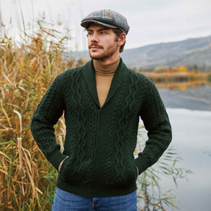 Men's Shawl Neck Zipper Knit Cardigan, Army Green - Creative Irish Gifts