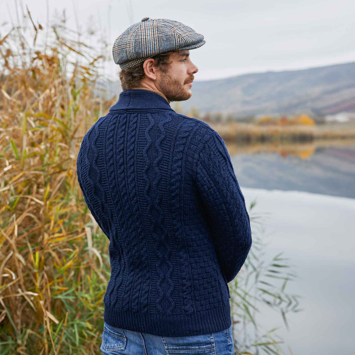 Men's Shawl Neck Zipper Knit Cardigan, Navy - Creative Irish Gifts