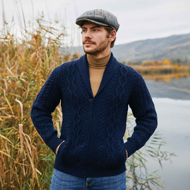 Men's Shawl Neck Zipper Knit Cardigan, Navy - Creative Irish Gifts