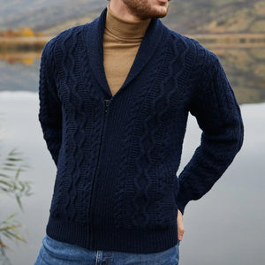 CG718 Men's Shawl Neck Zipper Knit Cardigan Navy Front Creative Irish Gifts