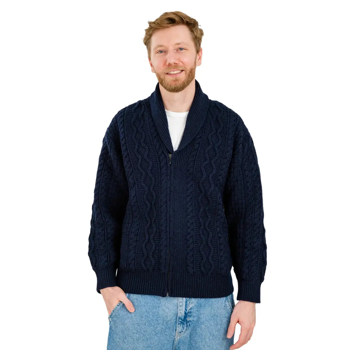 CG718 Men's Shawl Neck Zipper Knit Cardigan Navy Studio Creative Irish Gifts