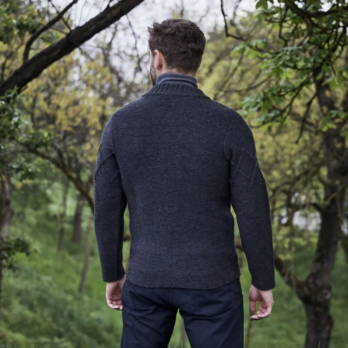 CG719 Men's Full Zip Cable Knit Cardigan, Charcoal Back Creative Irish Gifts