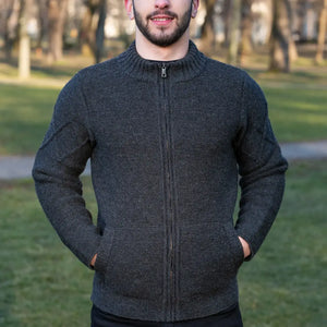 CG719 Men's Full Zip Cable Knit Cardigan, Charcoal Front Creative Irish Gifts