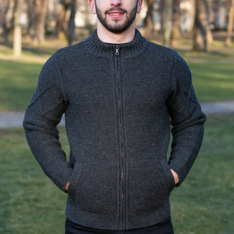 CG719 Men's Full Zip Cable Knit Cardigan, Charcoal Front Creative Irish Gifts