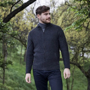 CG719 Men's Full Zip Cable Knit Cardigan, Charcoal Lifestyle View Creative Irish Gifts