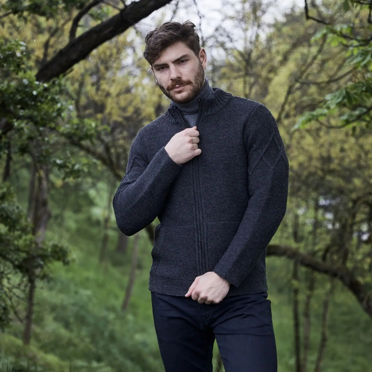 CG719 Men's Full Zip Cable Knit Cardigan, Charcoal Lifestyle Creative Irish Gifts