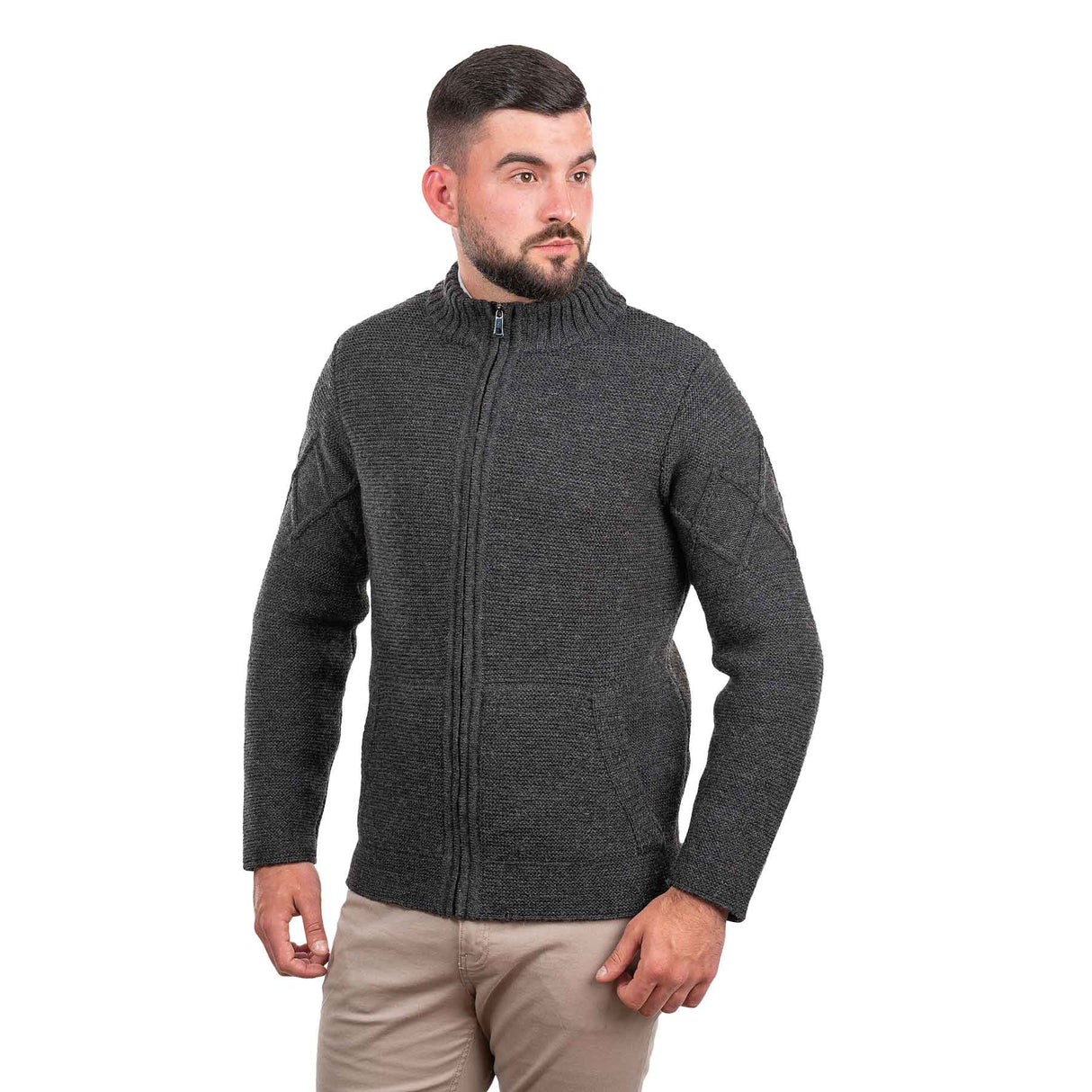 Men's Full Zip Cable Knit Cardigan, Charcoal - Creative Irish Gifts
