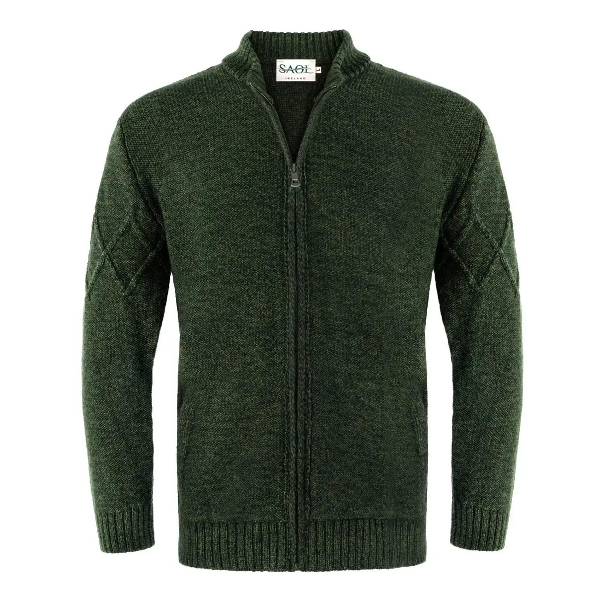 CG720 Men's Full Zip Cable Knit Cardigan Army Green Front Studio Creative Irish Gifts