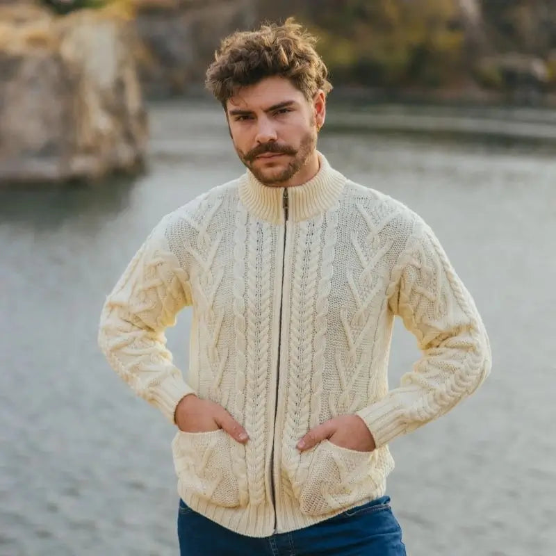 CG721 Men's Zipper Knit Cardigan Natural Front Creative Irish Gifts