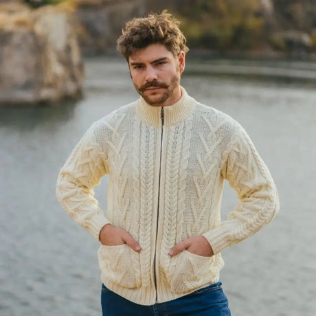CG721 Men's Zipper Knit Cardigan Natural Front Creative Irish Gifts