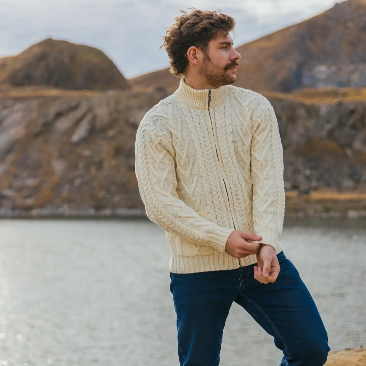 CG721 Men's Zipper Knit Cardigan Natural Lifestyle Creative Irish Gifts