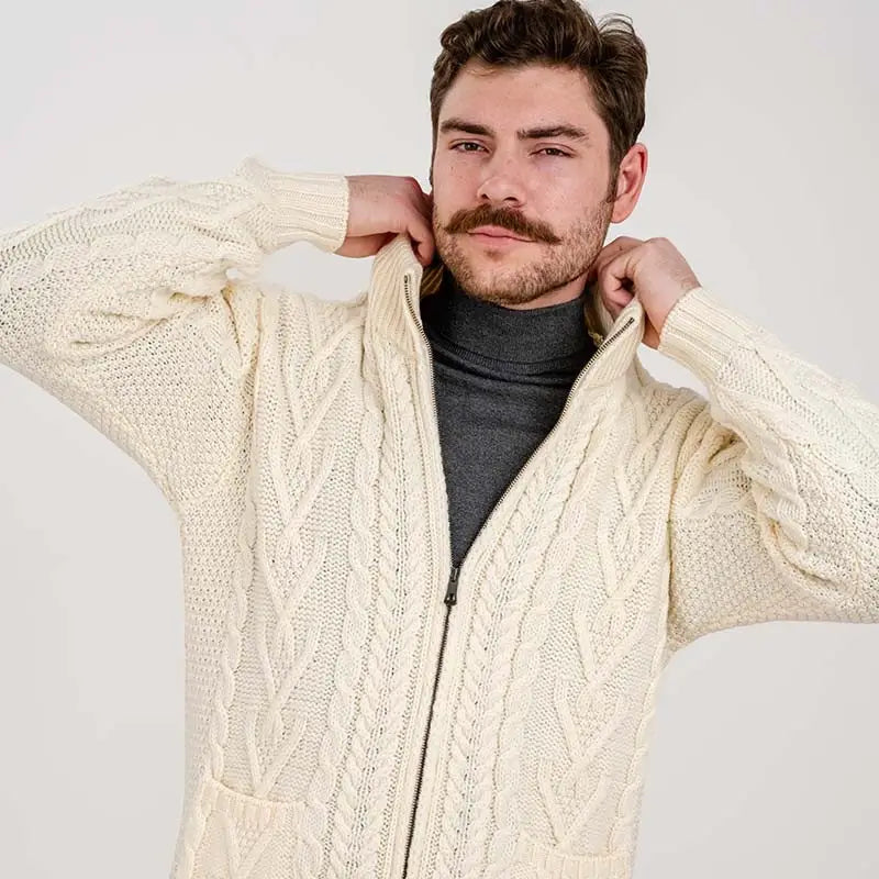 CG721 Men's Zipper Knit Cardigan Natural Studio View Creative Irish Gifts