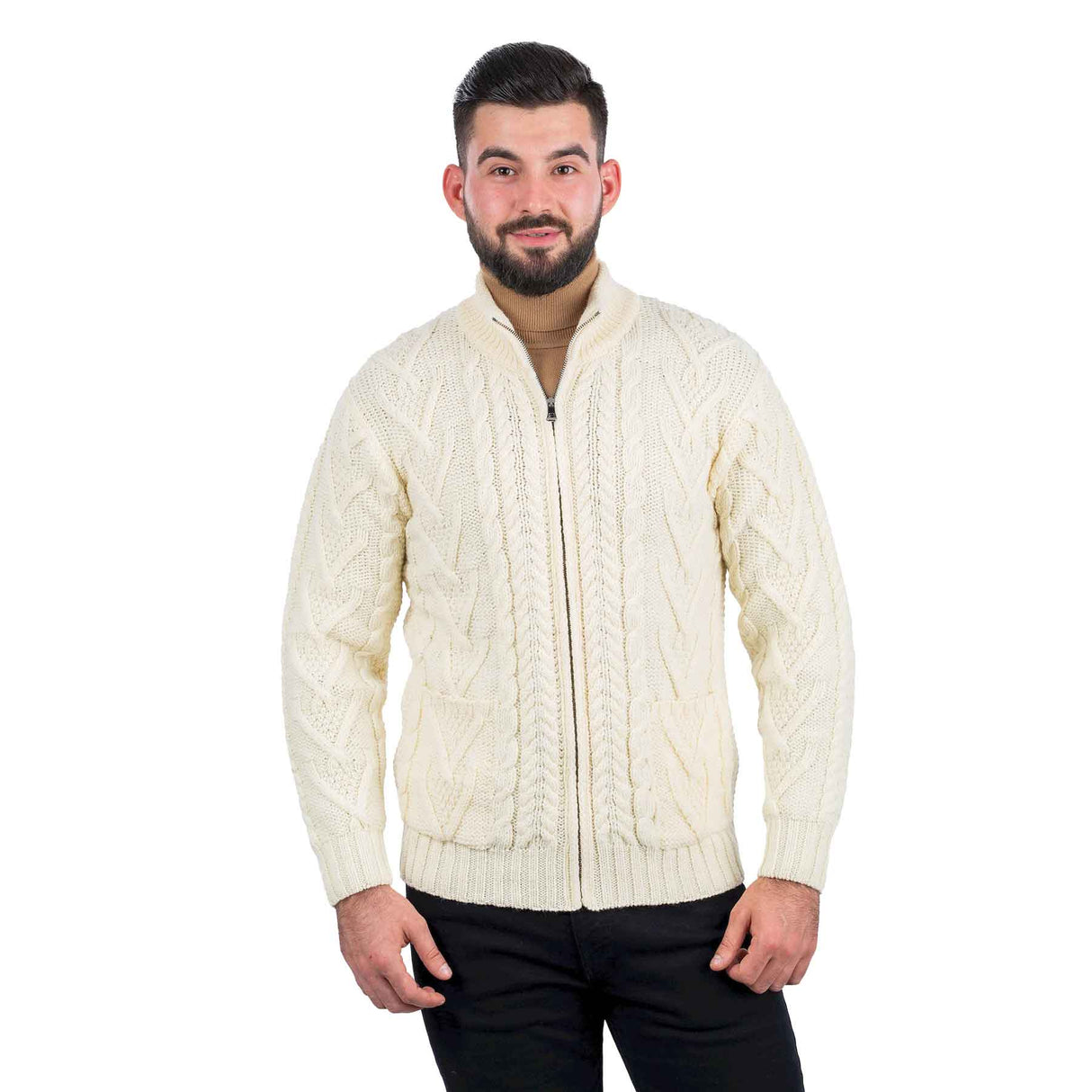 Men's Zipper Knit Cardigan, Natural - Creative Irish Gifts