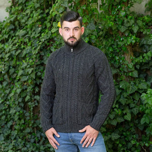CG722 Men's Zipper Knit Cardigan, Charcoal Front View Creative Irish Gifts