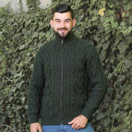Men's Zipper Knit Cardigan, Army Green - Creative Irish Gifts