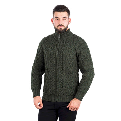 Men's Zipper Knit Cardigan, Army Green - Creative Irish Gifts