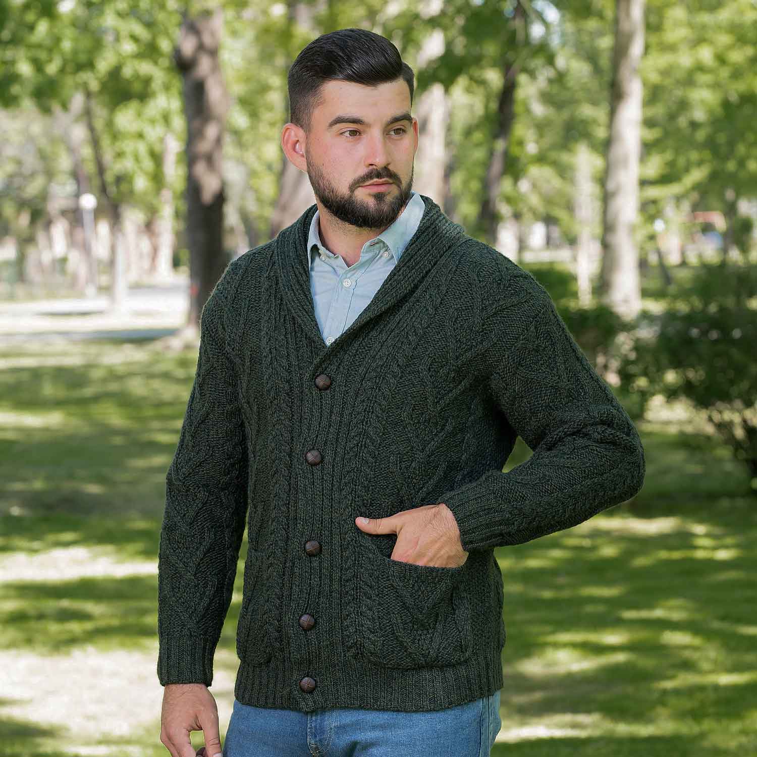 Men's Merino Wool Shawl Collar Cardigan, Army Green | Fast