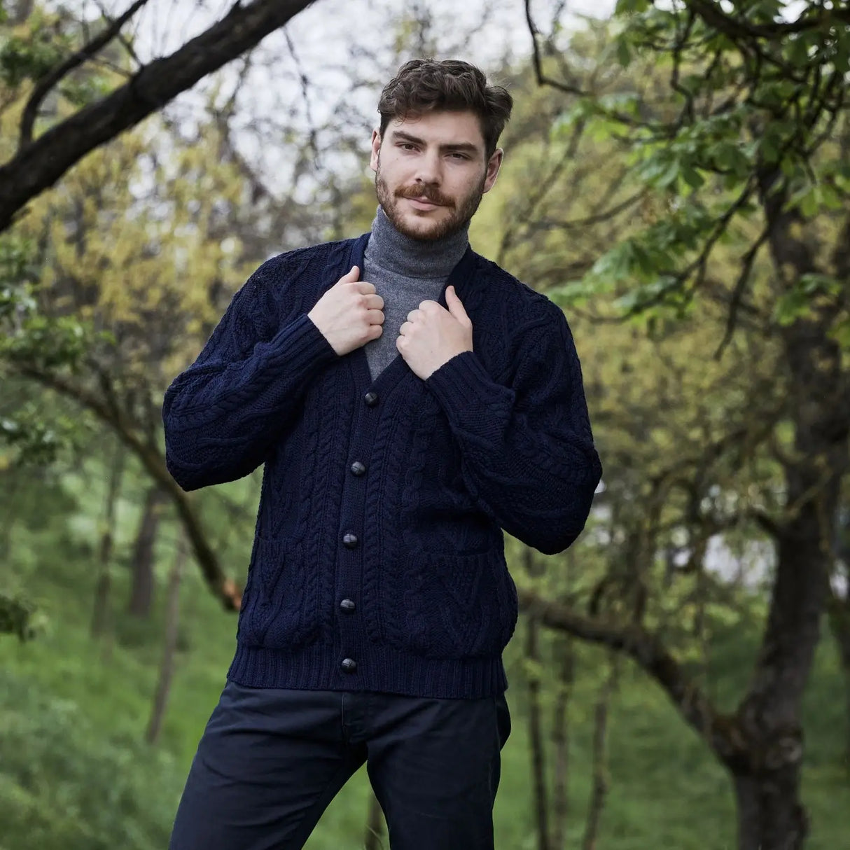 CG725 Men's Shawl Collar Cardigan, Navy Lifestyle view Creative Irish Gifts