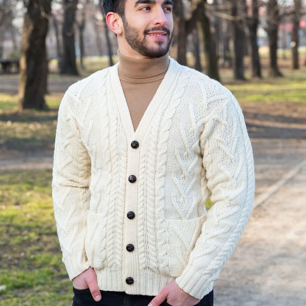 CG726 Men's V-Neck Cable Cardigan Natural Front View Creative Irish Gifts